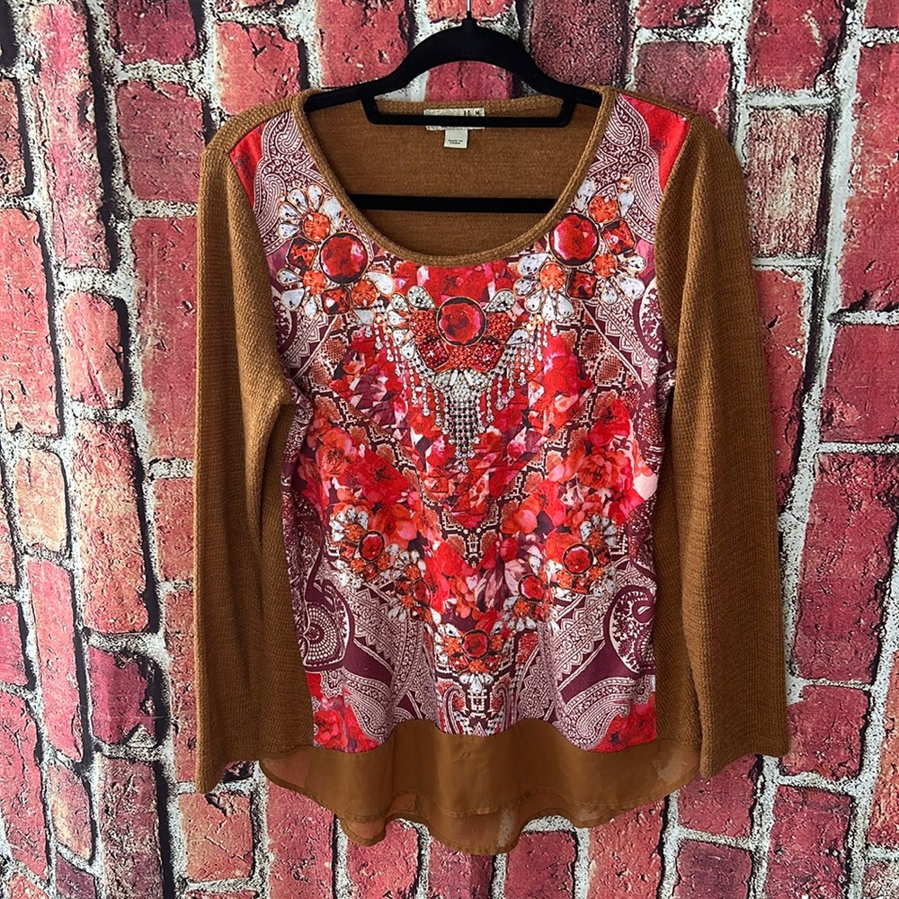 ONE WORLD LIVE WOMEN BLING HIGH LOW ROSES LOVE TUNIC TOP BLOUSE SHIRT  medium